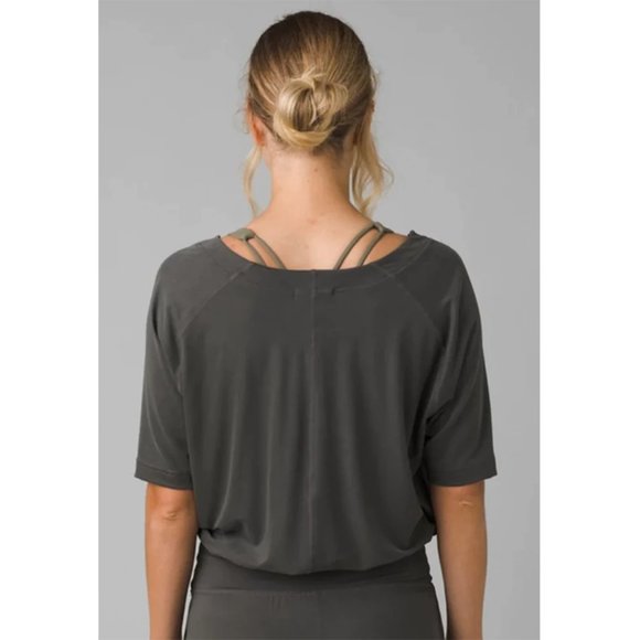 Prana Narkanda Top Cross Front V-Neck Cropped Short Sleeve Shirt Washed Black S - Picture 2 of 8